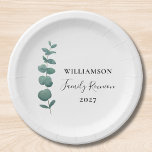 Modern Elegant Eucalyptus Family Reunion Paper Plate<br><div class="desc">This paper plate is decorated with a stylish watercolor eucalyptus sprig with elegant typography.
Easily customisable.
Use the Design Tool to change the text size,  style,  or colour.
Because we create our artwork you won't find this exact image from other designers.
Original Watercolor © Michele Davies.</div>