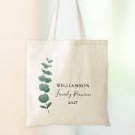 Modern Elegant Eucalyptus Family Reunion  Tote Bag<br><div class="desc">This Family Reunion Tote Bag is decorated with a stylish watercolor eucalyptus sprig and elegant typography.
Easily customisable.
Use the Design Tool to change the text size,  style,  or colour.
Because we create our artwork you won't find this exact image from other designers.
Original Watercolor © Michele Davies.</div>