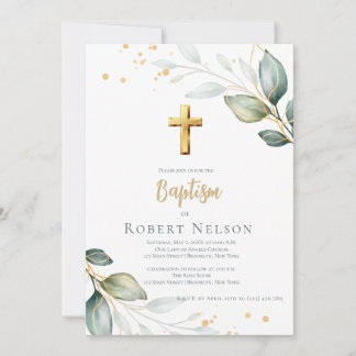 Modern Elegant Eucalyptus Gold Baptism Christening Invitation