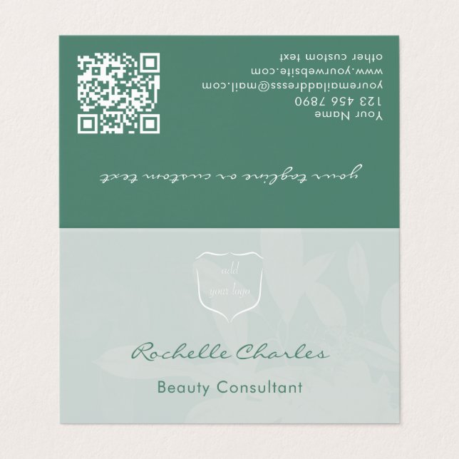 Modern Elegant Eucalyptus Green Add Logo QR Code Business Card (Outside Unfolded)