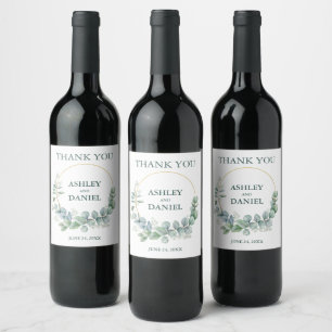 Modern Elegant Eucalyptus Greenery Gold Wedding Wine Label