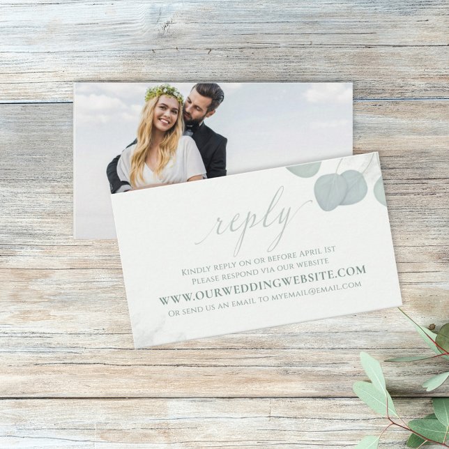 Modern Elegant Eucalyptus Greenery Photo RSVP Business Card (Creator Uploaded)