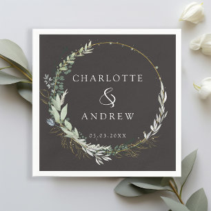 Modern, elegant, eucalyptus, grey-black wedding  napkin