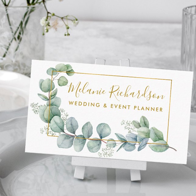 Modern Elegant Eucalyptus Leaves and Gold Business Card (Customize to change text size, color or text style.)