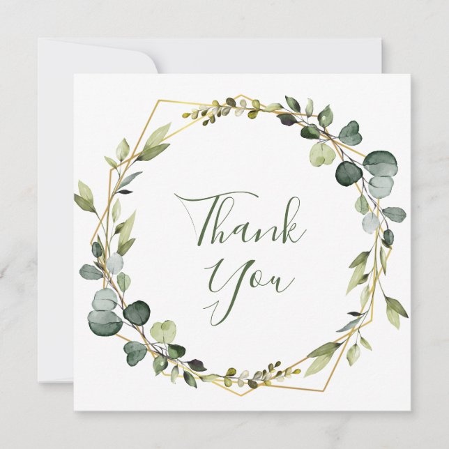 Modern Elegant Eucalyptus Watercolor Wreath Boho Thank You Card (Front)