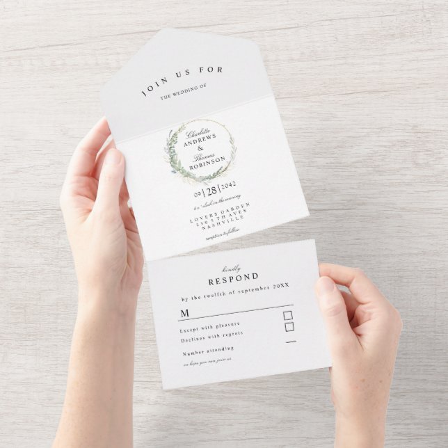 Modern, elegant eucalyptus wedding all in one invi all in one invitation (Tearaway)