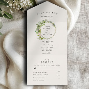 Modern, elegant eucalyptus wedding all in one invitation