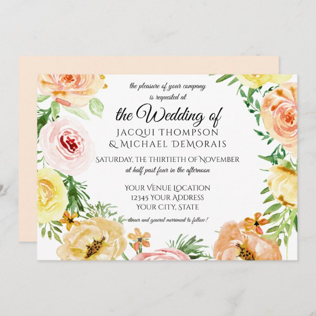 Modern Elegant Fall Leaf Watercolor Floral Wreath Invitation (Front/Back)