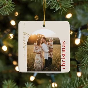 Modern Elegant Family Arch Photo Merry Christmas Ceramic Ornament