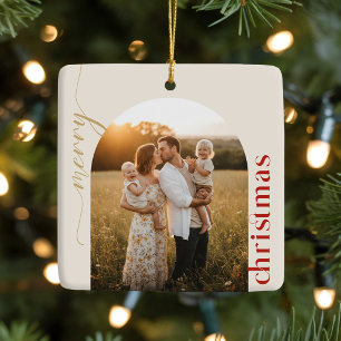 Modern Elegant Family Arch Photo Merry Christmas Ceramic Ornament