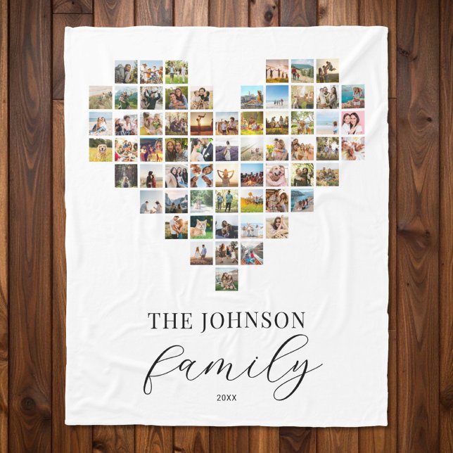 Modern Elegant Family Heart Shaped Photo Collage Fleece Blanket (Creator Uploaded)