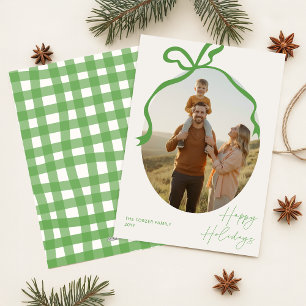 Modern Elegant Family Photo Green Bow Christmas Holiday Card