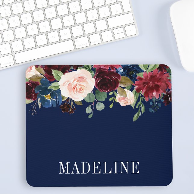Modern Elegant Fashionable Watercolor Floral Mouse Pad (Customize to change text size, color or text style.)