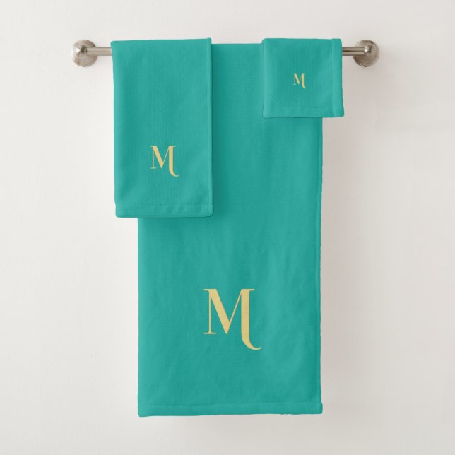 Modern Elegant Faux Gold Monogram Initial Teal Bath Towel Set (Insitu)