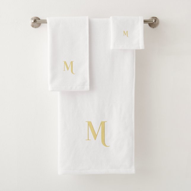 Modern Elegant Faux Gold Monogrammed Initial White Bath Towel Set (Insitu)