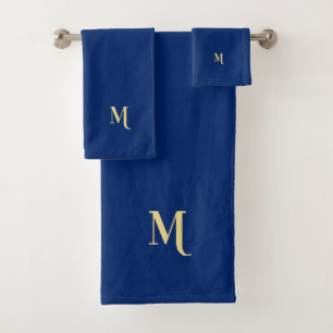 Modern Elegant Faux Gold Monogrammed Navy Blue Bath Towel Set