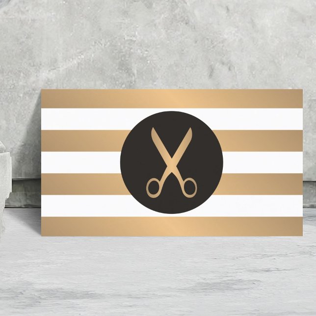 Modern Elegant Faux Gold White Stripe Hair Stylist Business Card (Creator Uploaded)