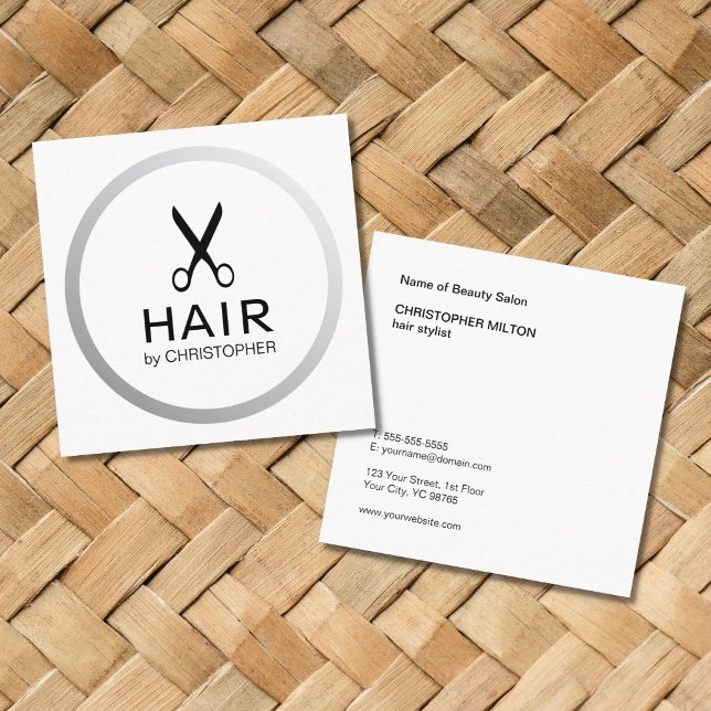 Modern Elegant Faux Silver Black Hair Stylist Square Business Card (Creator Uploaded)
