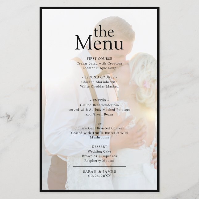 Modern Elegant Faux Vellum Photo Dinner Menu (Front)