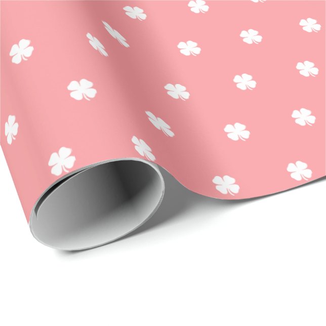 Modern Elegant Festive Pink Lucky Clover Pattern Wrapping Paper (Roll Corner)