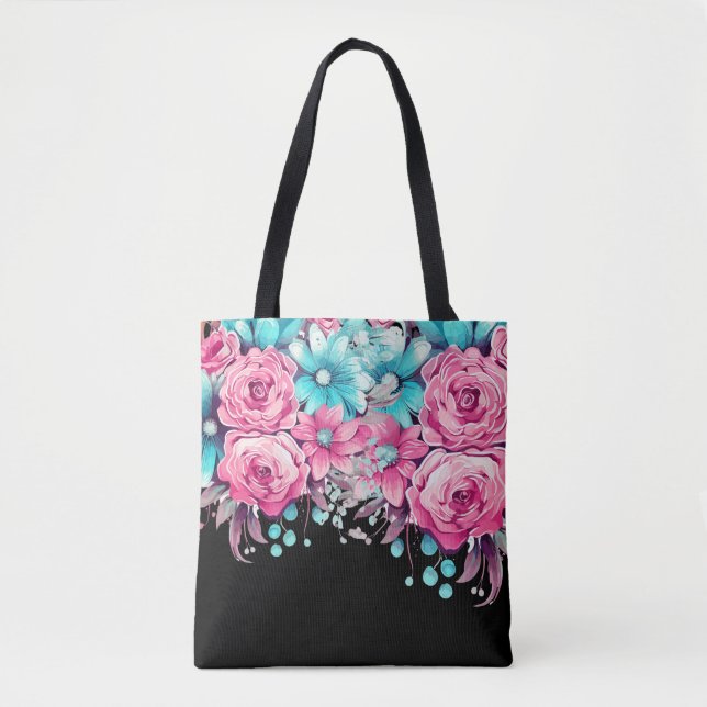 Modern Elegant Festive Pink & Teal Floral Tote Bag (Front)
