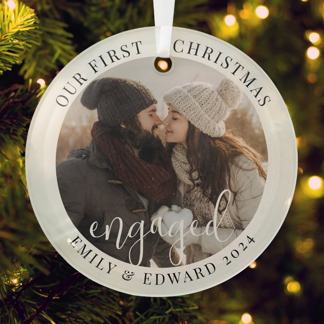 Modern Elegant First Christmas Engaged Photo Ceramic Tree Decoration (Creator Uploaded)