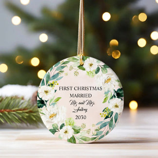 Modern Elegant First Christmas Married  Ceramic Tree Decoration