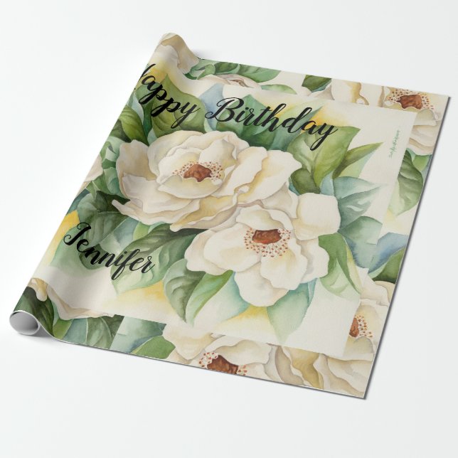 Modern Elegant Floral Birthday Black Name Script Wrapping Paper (Unrolled)