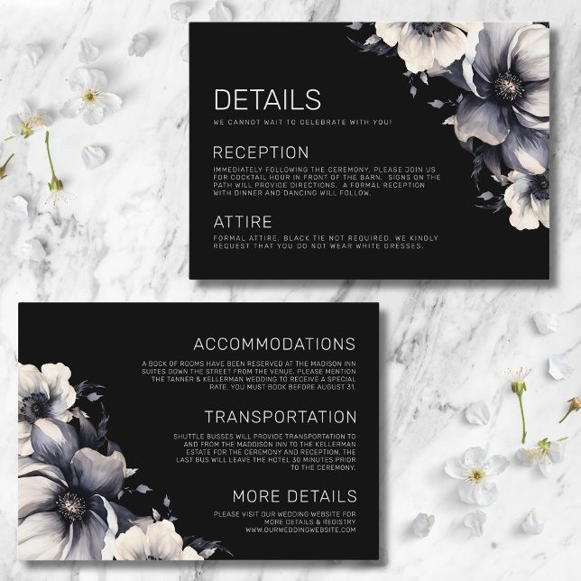 Modern Elegant Floral Black Wedding Details Enclosure Card (Modern Elegant Floral White Black Wedding Details Enclosure Card)