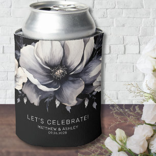 Modern Elegant Floral Black Wedding Favour Can Cooler