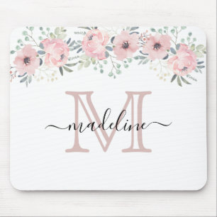Modern Elegant Floral Blush Pink Monogram Mouse Pad
