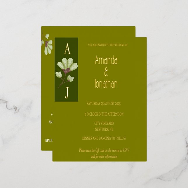 Modern Elegant Floral Bohemian Olive and Gold Foil Invitation Postcard (Front/Back)