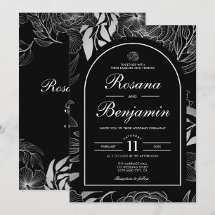 Modern Elegant Floral Botanical Black Wedding Invitation
