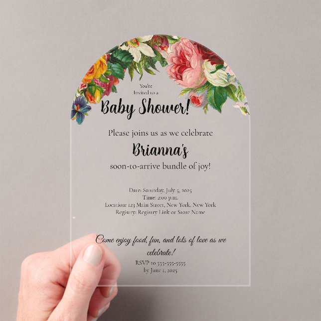 Modern Elegant Floral Bouquet Baby Shower Acrylic Invitations (Insitu (Handheld))