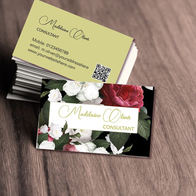 Modern Elegant Floral Burgundy QR Code Gold   Business Card (Creator Uploaded)