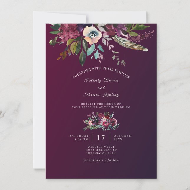 Modern Elegant Floral Burgundy Washed Wedding Invitation (Front)