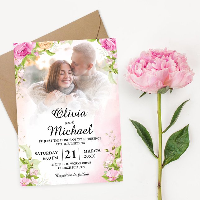  Modern Elegant Floral Chic Photo Wedding Invitation (Creator Uploaded)