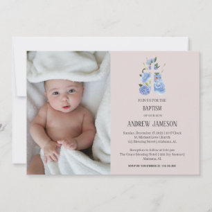 Modern Elegant Floral Christian Cross   Baptism Invitation