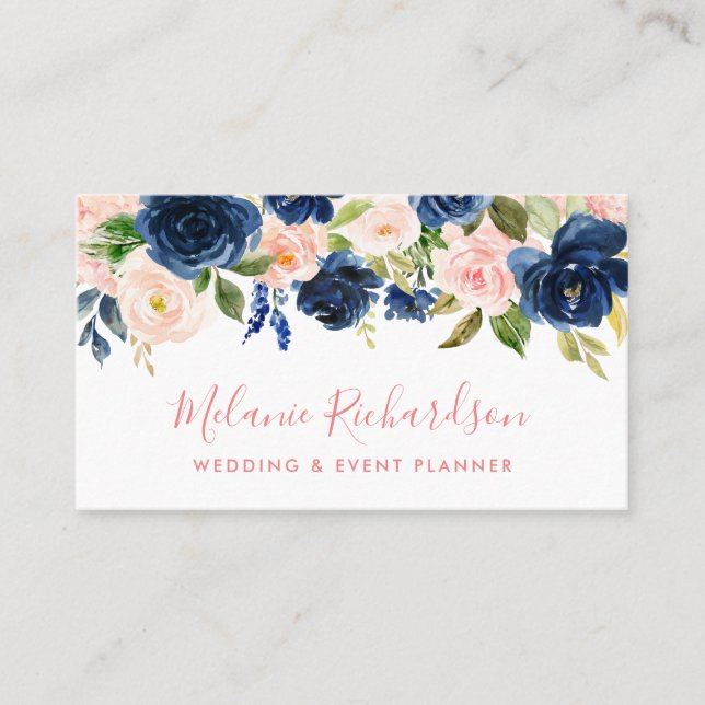 Modern Elegant Floral Classic Blue Pink Blush Business Card (Front)