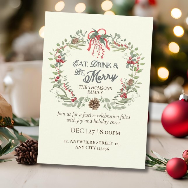 Modern Elegant Floral Eat Drink Be Merry Christmas Invitation (Creator Uploaded)
