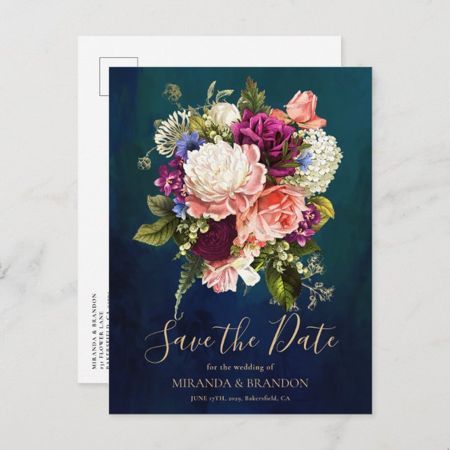Modern Elegant Floral Emerald Green Gold Wedding Announcement Postcard (Front/Back)