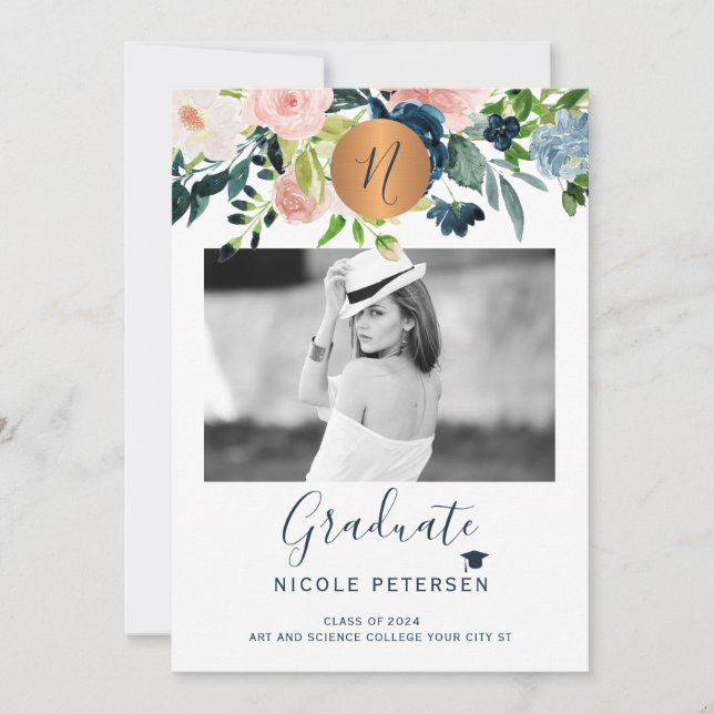Modern elegant floral gold graduation photo announcement (Front)