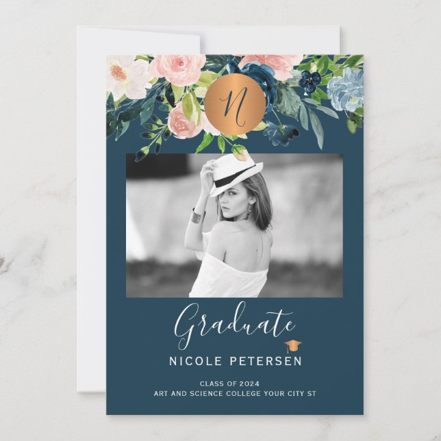 Modern elegant floral gold graduation photo announcement (Front)