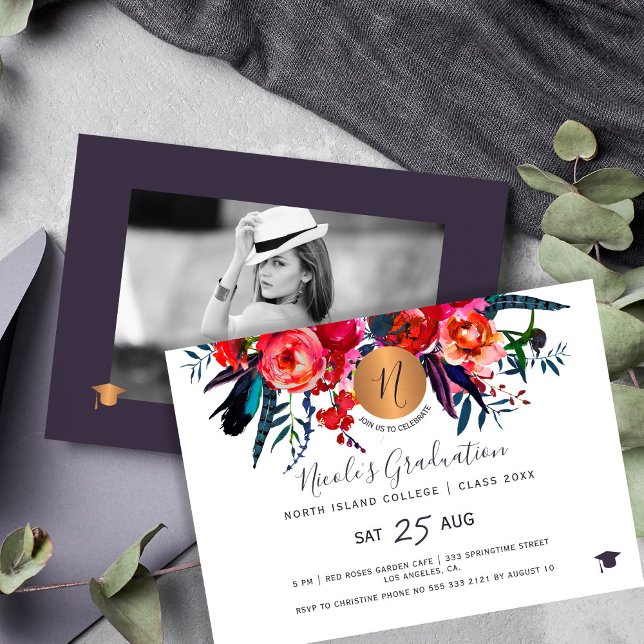 Modern elegant floral gold PHOTO graduation party Invitation (Creator Uploaded)
