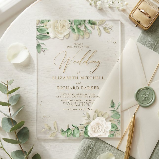 Modern Elegant Floral Greenery Wedding Acrylic Invitations (Creator Uploaded)