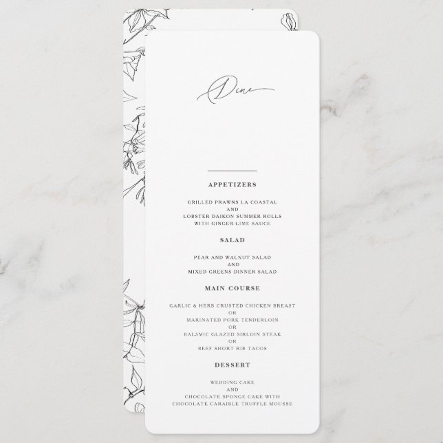 Modern Elegant Floral Line Art Wedding  Menu (Front/Back)
