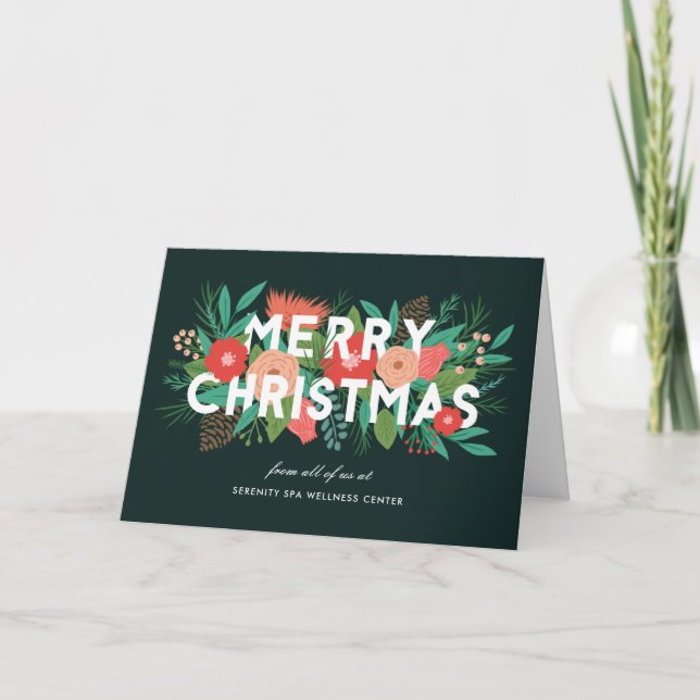 Modern Elegant Floral Merry Christmas Corporate Holiday Card (Front)