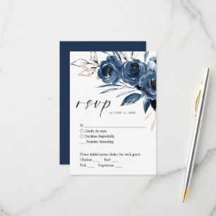 Modern Elegant Floral Navy Blue Script Wedding RSVP Card