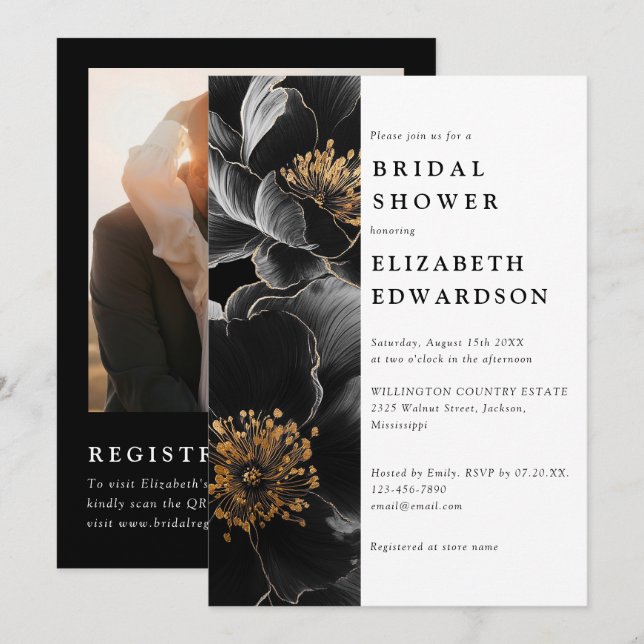 Modern Elegant Floral Photo QR Code Bridal Shower Invitation (Front/Back)