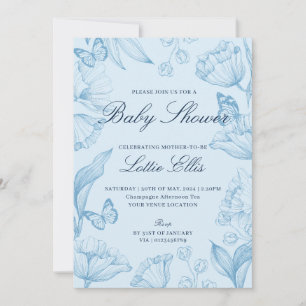Modern Elegant Floral Sky Blue Boy Baby Shower Invitation